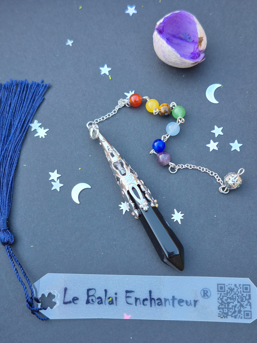 Pendule de Divination "Harmonie des Chakras" en Obsidienne Noire