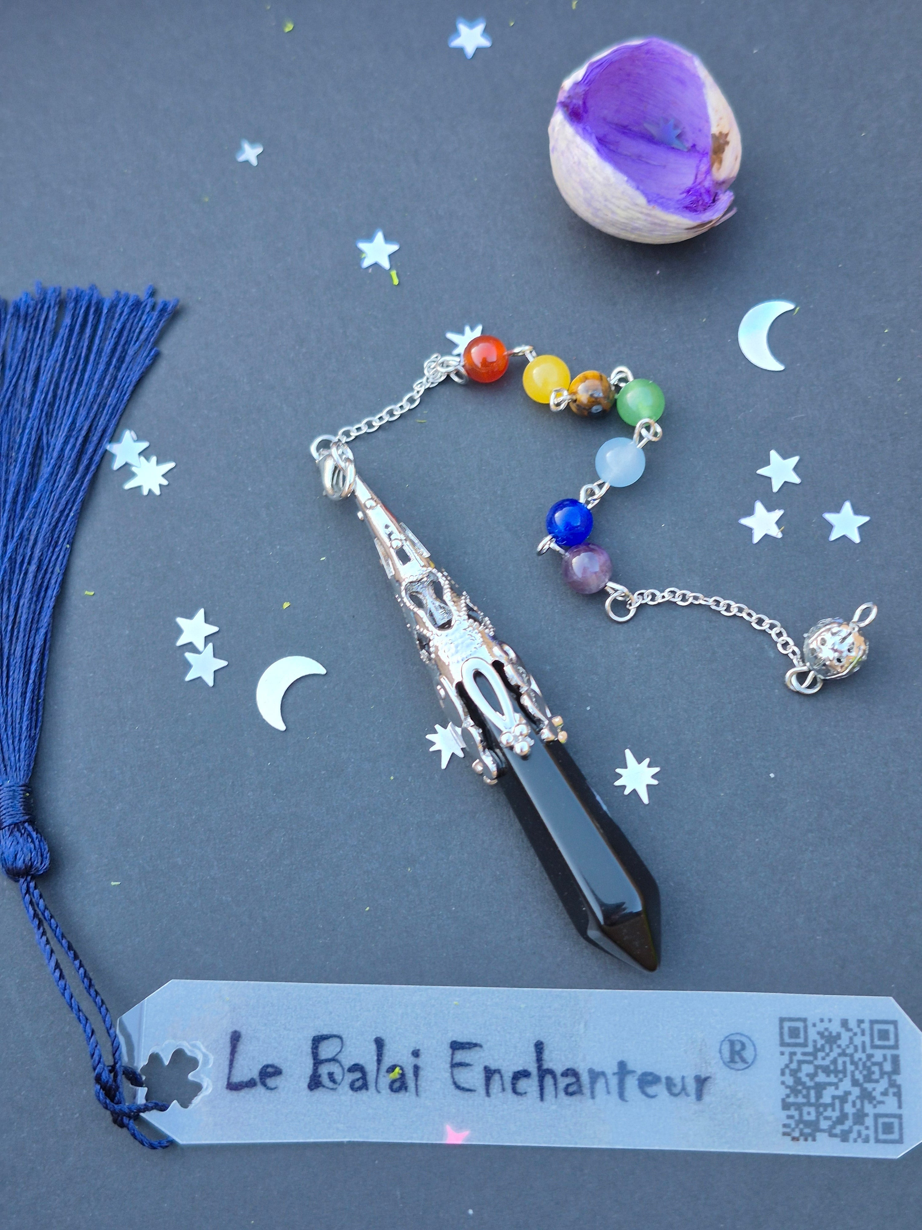 Pendule de Divination "Harmonie des Chakras" en Obsidienne Noire