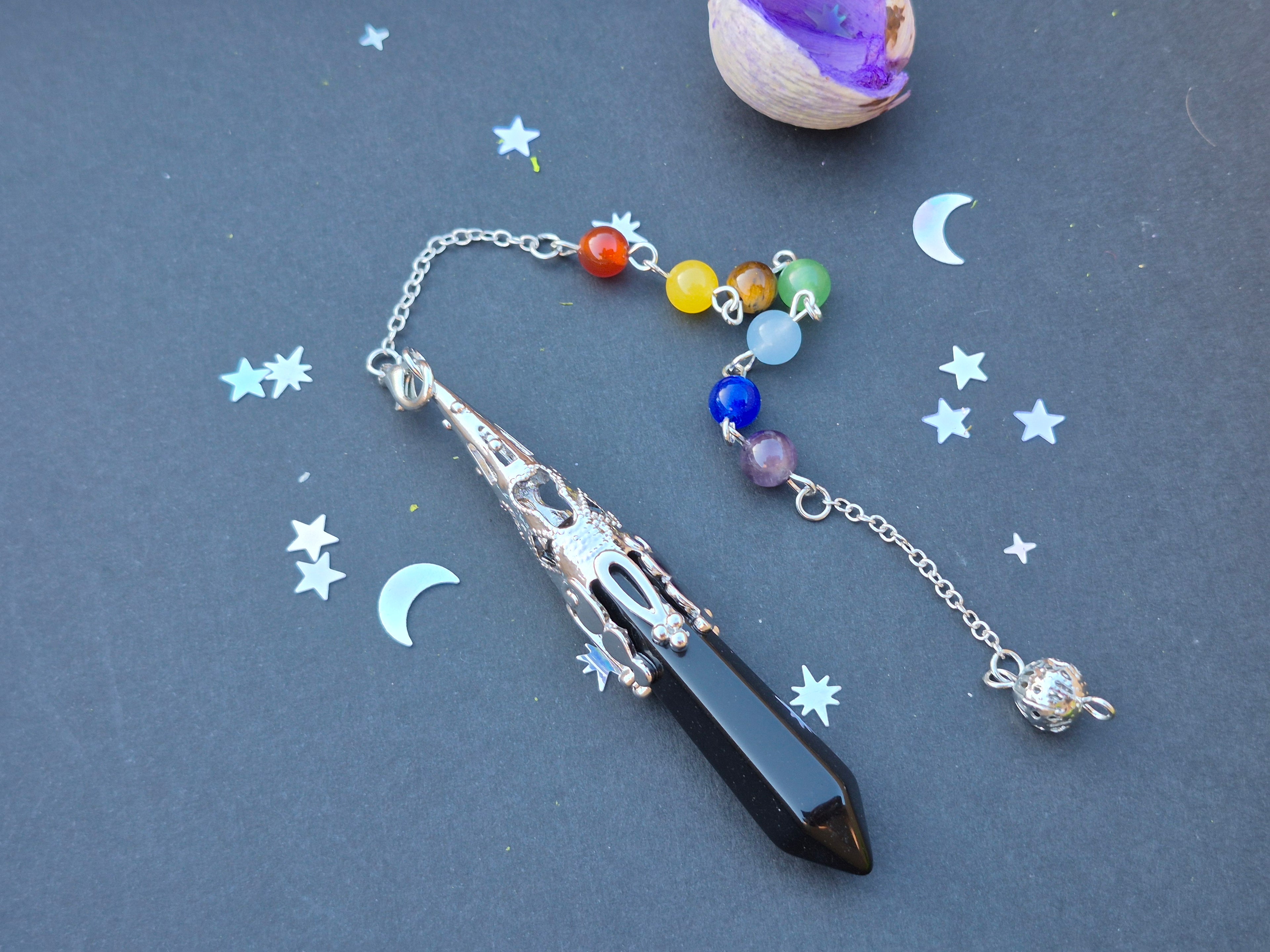 Pendule de Divination "Harmonie des Chakras" en Obsidienne Noire