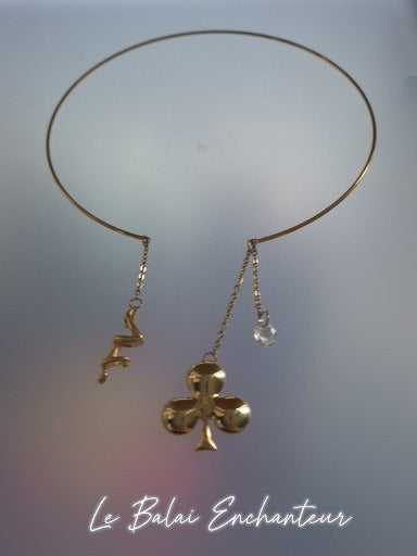 Collier Funambule, trèfle, plaqué or et cristal Swarovski -  porte-bonheur