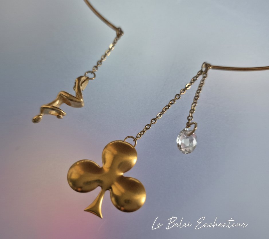 Collier Funambule, trèfle, plaqué or et cristal Swarovski -  porte-bonheur